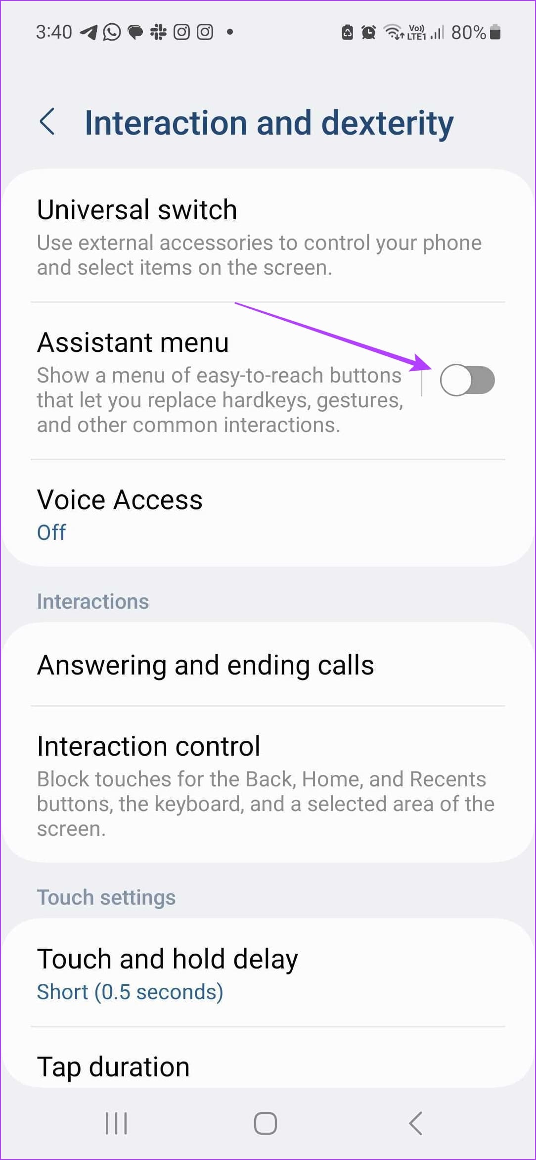 Assistant Menu ni yoqish