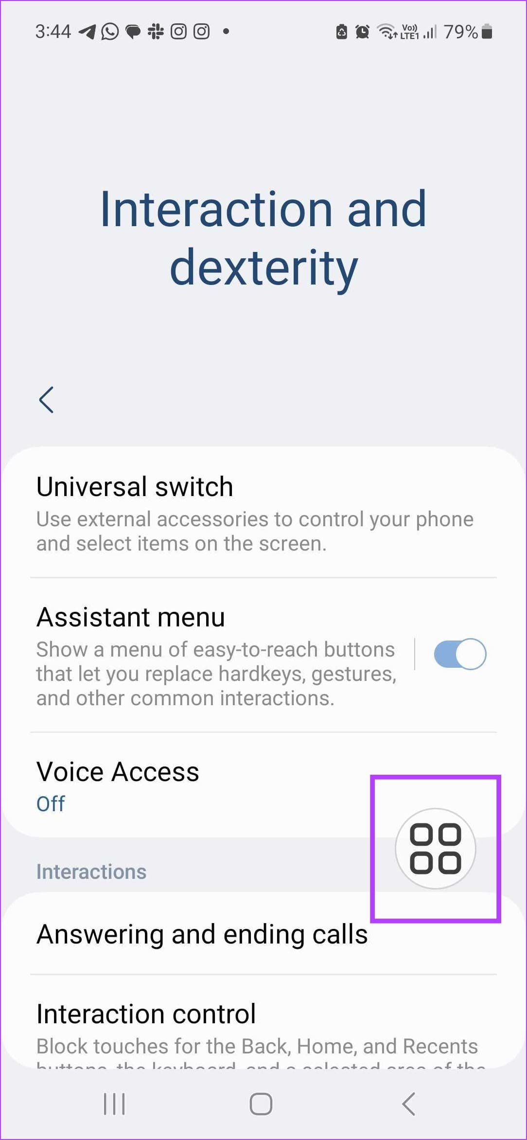 Assistant Menu suzuvchi tugmasi