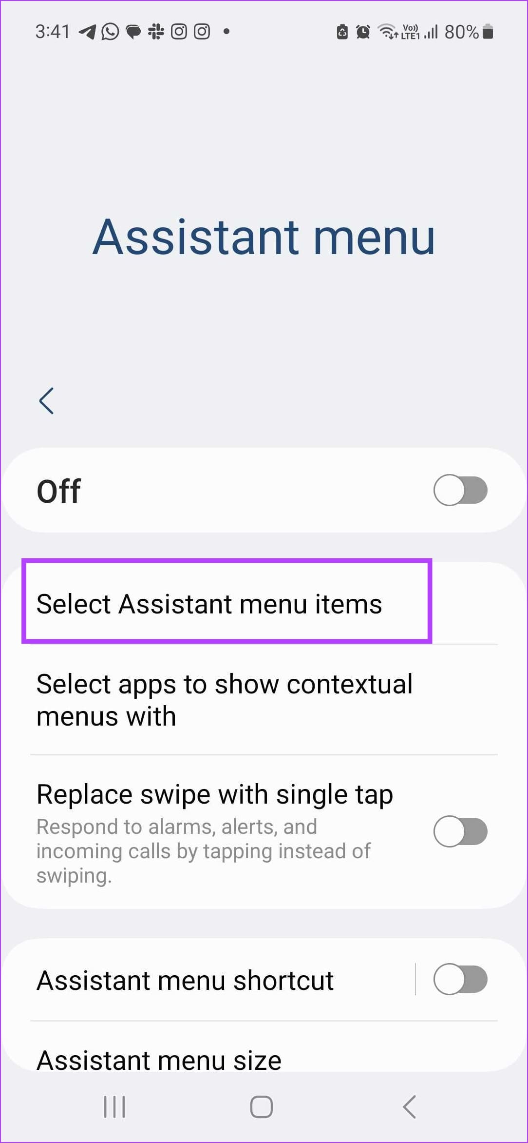 Assistant Menu elementlarini tanlash