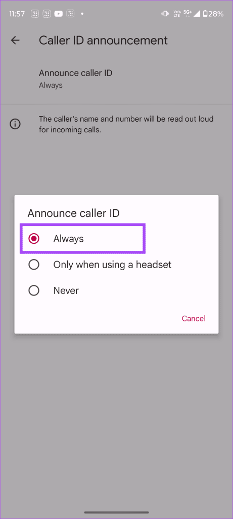 Enable Caller ID Announcement in Google Dialer