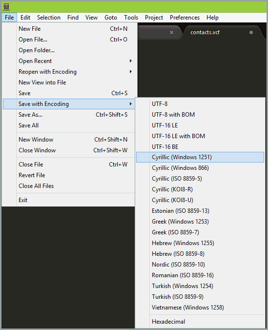 Kontaktlarni Windows 1251 kodlashida saqlash