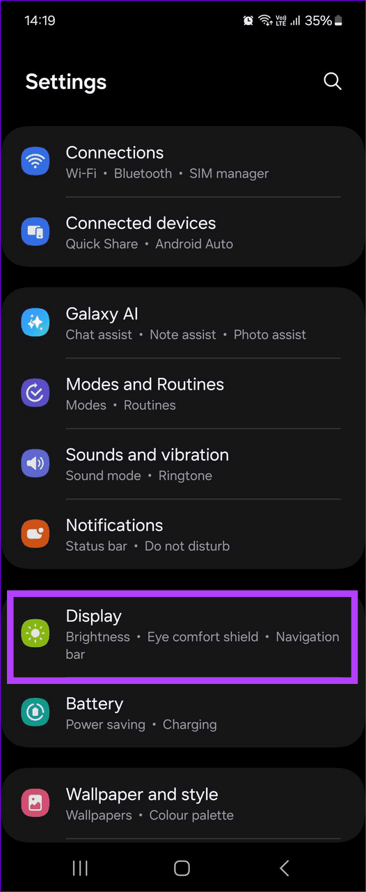 Samsung sozlamalarida Ekran bo`limi
