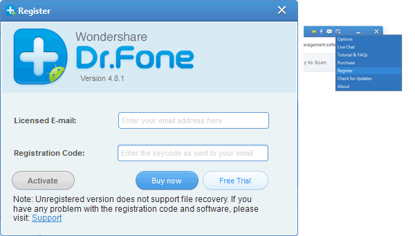 Dr. Fone dasturini ro‘yxatdan o‘tkazish oynasi