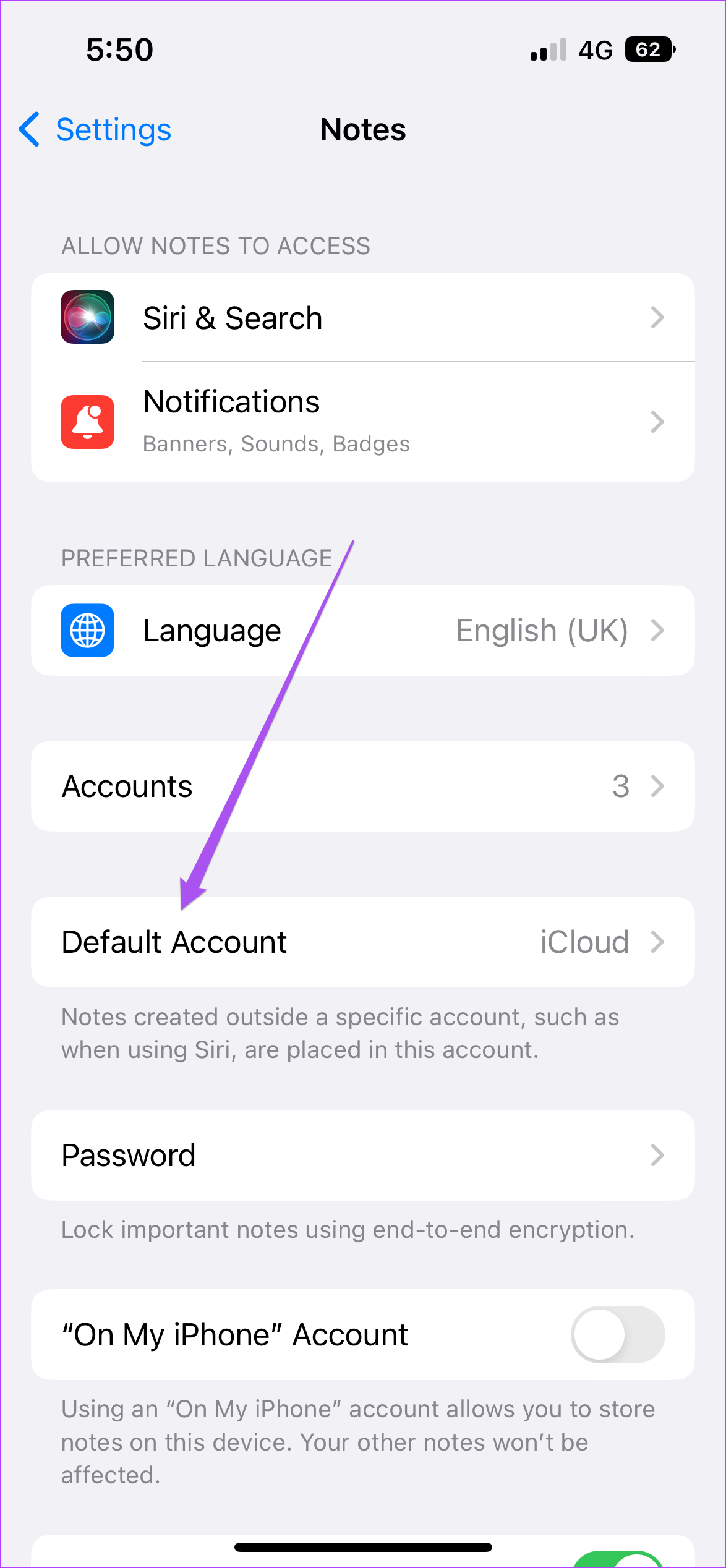 default account settings notes iPhone