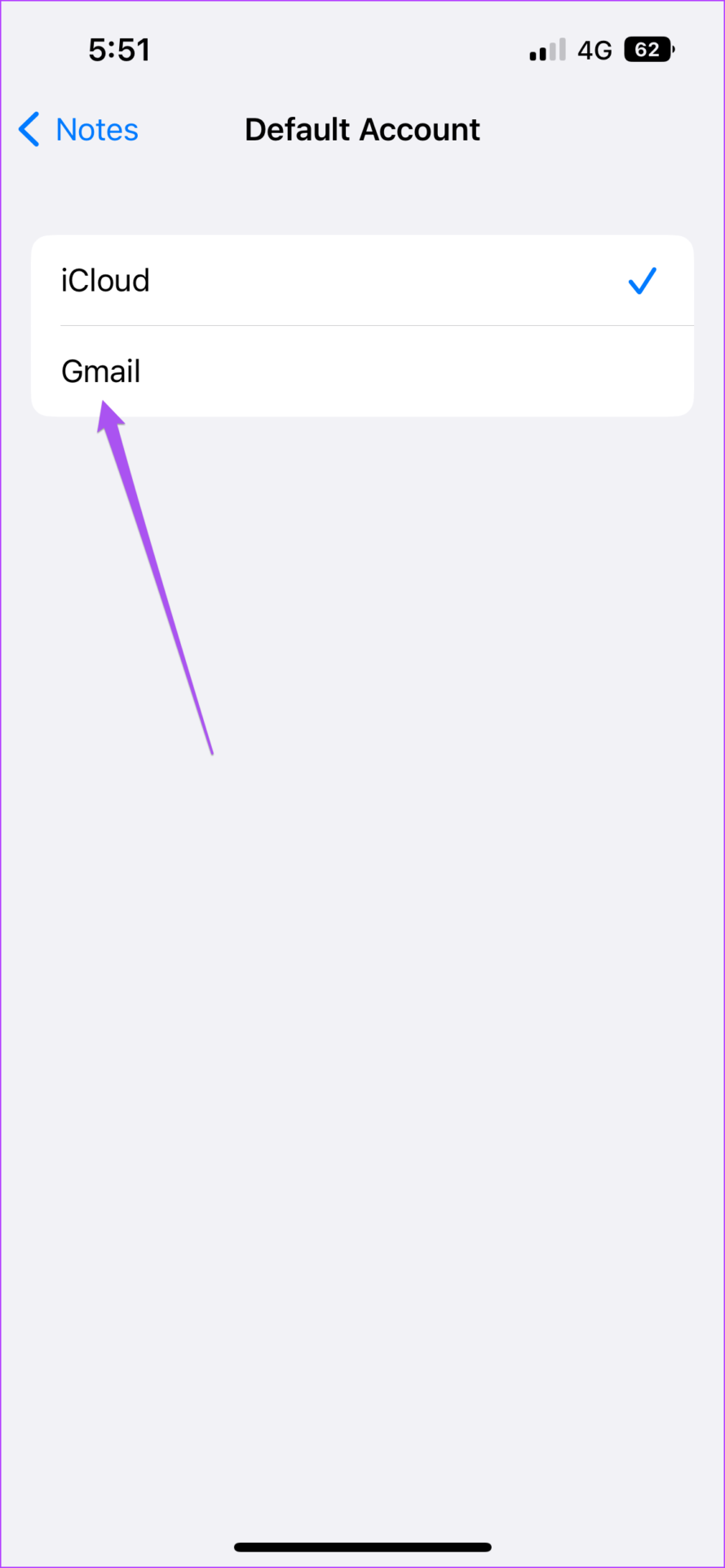 choose Gmail as default account iPhone Notes
