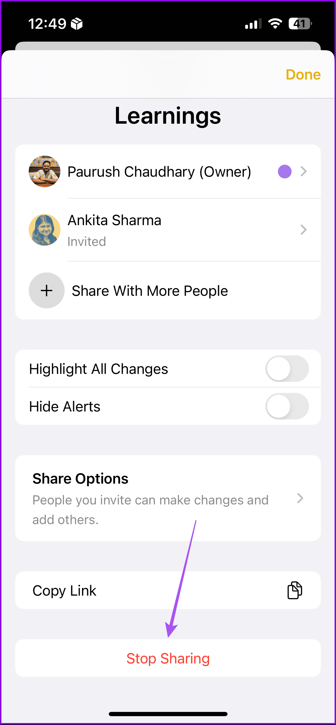 Stop sharing notes on iPhone