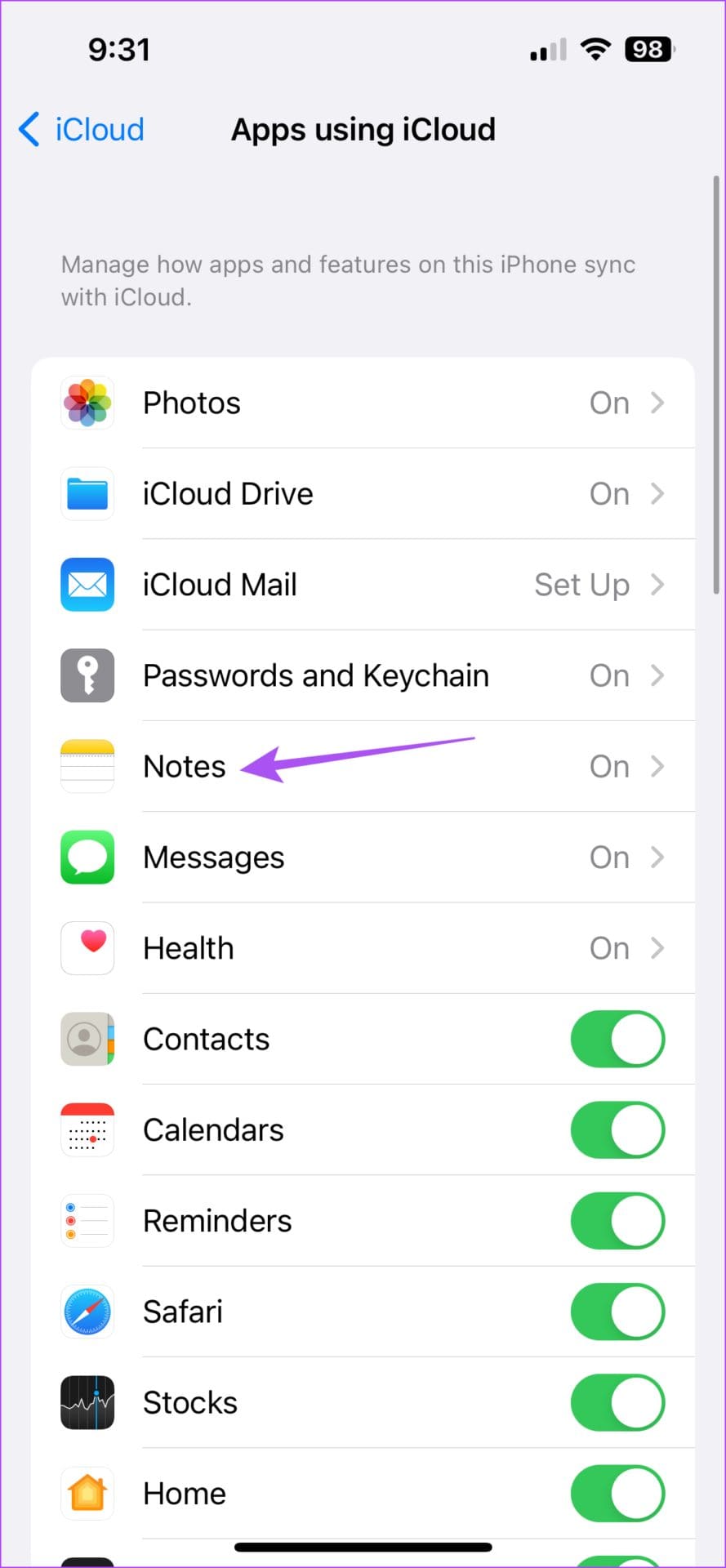 iCloud sozlamalarida eslatmalar