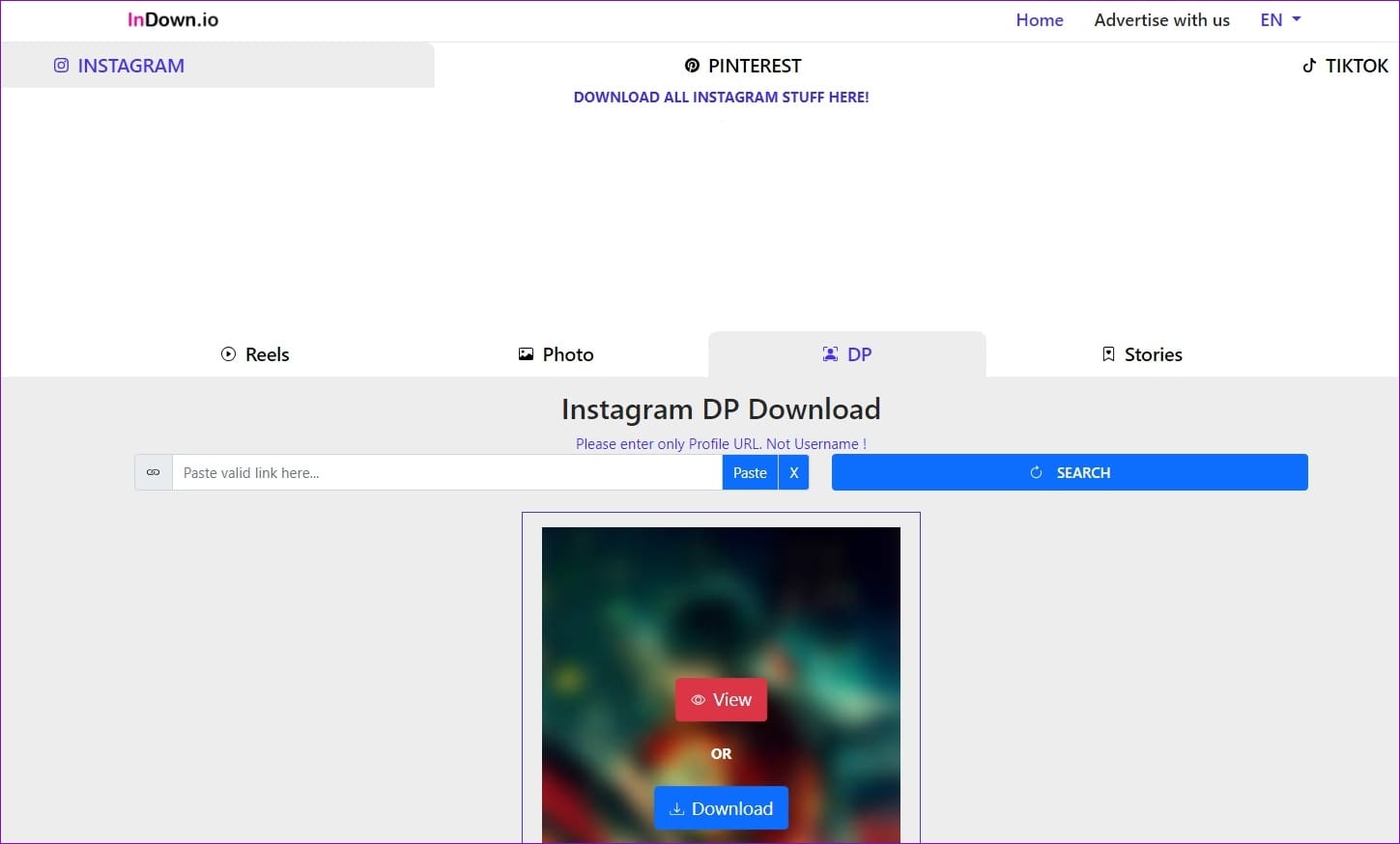 Indown.Io Instagram profil rasmini yuklab olish vositasi