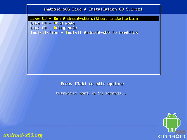 Android x86 ni LiveCD rejimida ishga tushirish