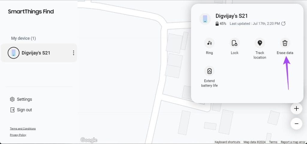 SmartThings Find orqali maʼlumotlarni oʻchirish