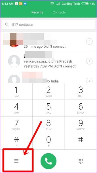 Telefon ilovasi menyusi